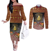 Danish Empire Couples Matching Off The Shoulder Long Sleeve Dress and Long Sleeve Button Shirt Kalmar Union With Viking Patterns - Wonder Print Shop