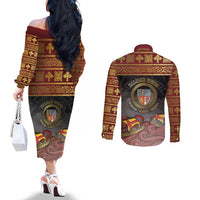 Danish Empire Couples Matching Off The Shoulder Long Sleeve Dress and Long Sleeve Button Shirt Kalmar Union With Viking Patterns - Wonder Print Shop