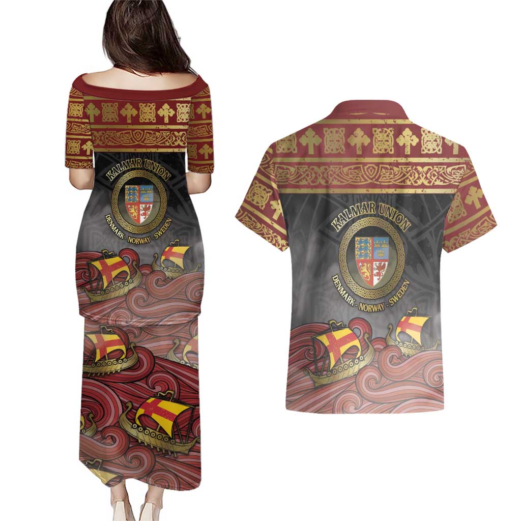 Danish Empire Couples Matching Puletasi and Hawaiian Shirt Kalmar Union With Viking Patterns - Wonder Print Shop
