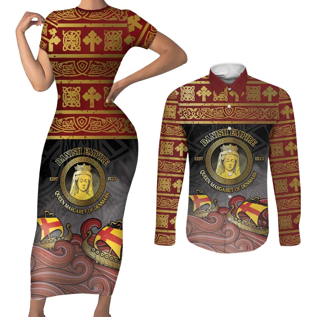 Danish Empire Couples Matching Short Sleeve Bodycon Dress and Long Sleeve Button Shirt Kalmar Union With Viking Patterns - Wonder Print Shop