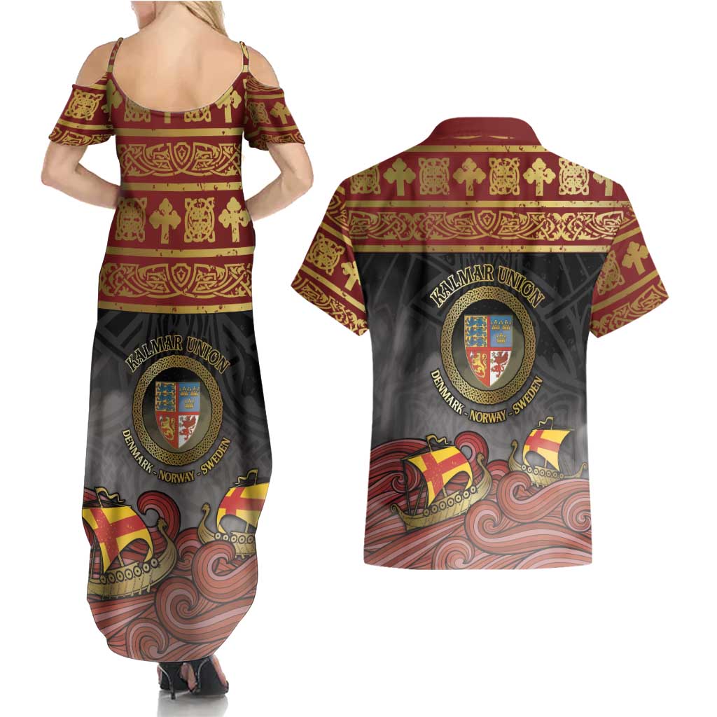 Danish Empire Couples Matching Summer Maxi Dress and Hawaiian Shirt Kalmar Union With Viking Patterns - Wonder Print Shop