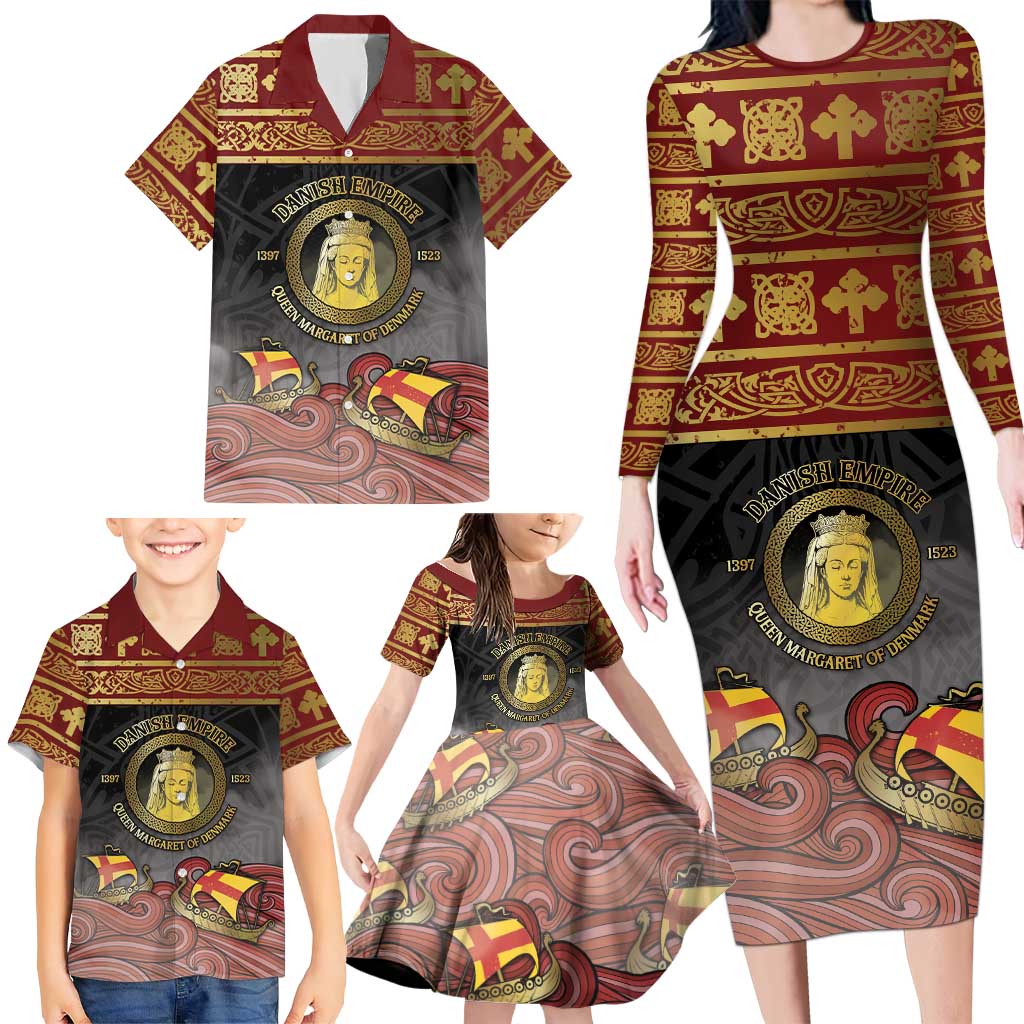 Danish Empire Family Matching Long Sleeve Bodycon Dress and Hawaiian Shirt Kalmar Union With Viking Patterns - Wonder Print Shop