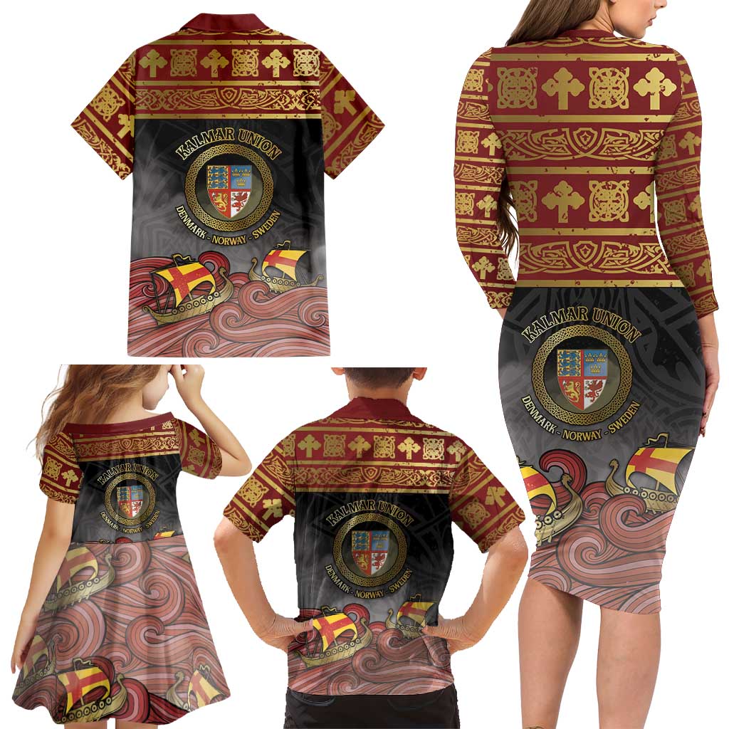 Danish Empire Family Matching Long Sleeve Bodycon Dress and Hawaiian Shirt Kalmar Union With Viking Patterns - Wonder Print Shop