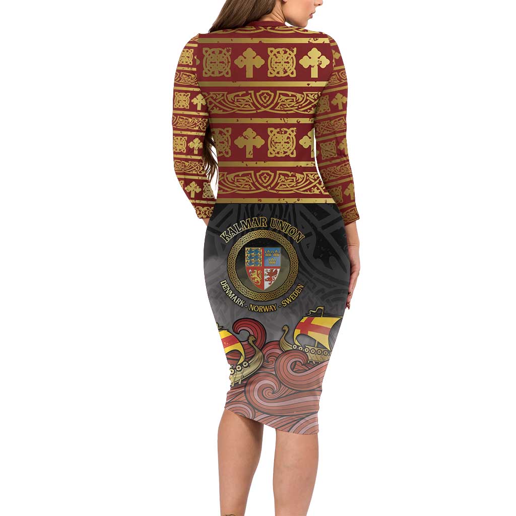 Danish Empire Family Matching Long Sleeve Bodycon Dress and Hawaiian Shirt Kalmar Union With Viking Patterns - Wonder Print Shop