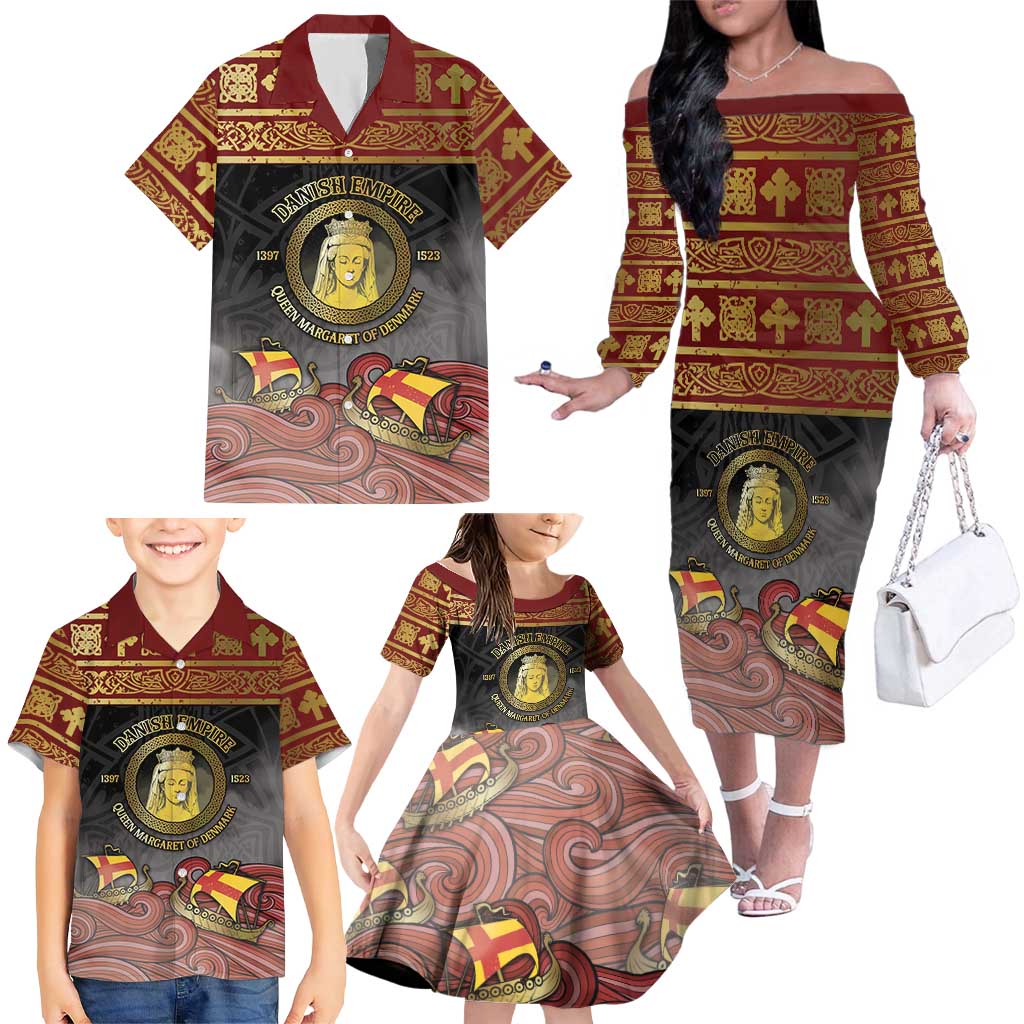 Danish Empire Family Matching Off The Shoulder Long Sleeve Dress and Hawaiian Shirt Kalmar Union With Viking Patterns - Wonder Print Shop