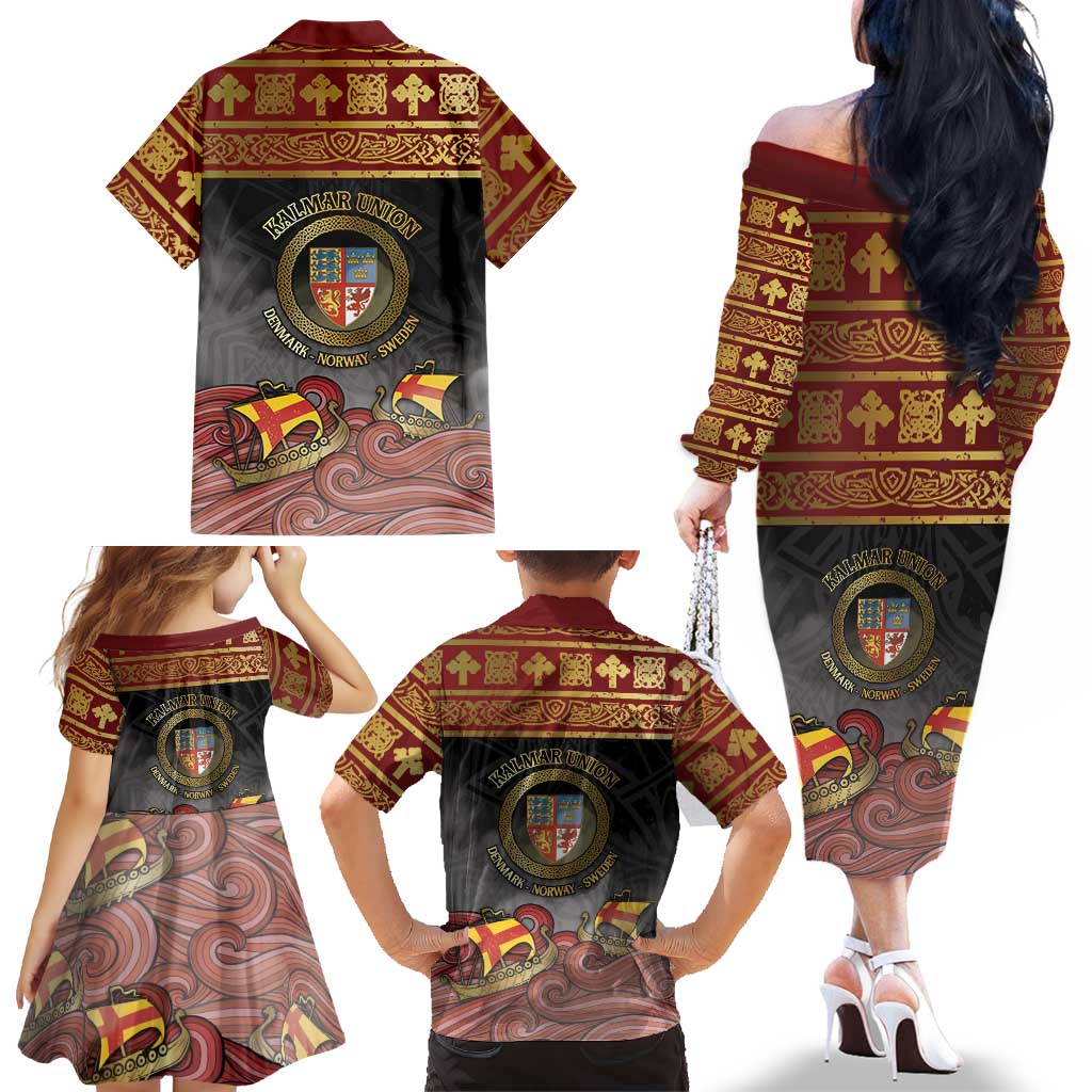 Danish Empire Family Matching Off The Shoulder Long Sleeve Dress and Hawaiian Shirt Kalmar Union With Viking Patterns - Wonder Print Shop