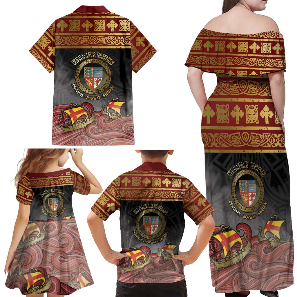 Danish Empire Family Matching Off Shoulder Maxi Dress and Hawaiian Shirt Kalmar Union With Viking Patterns - Wonder Print Shop