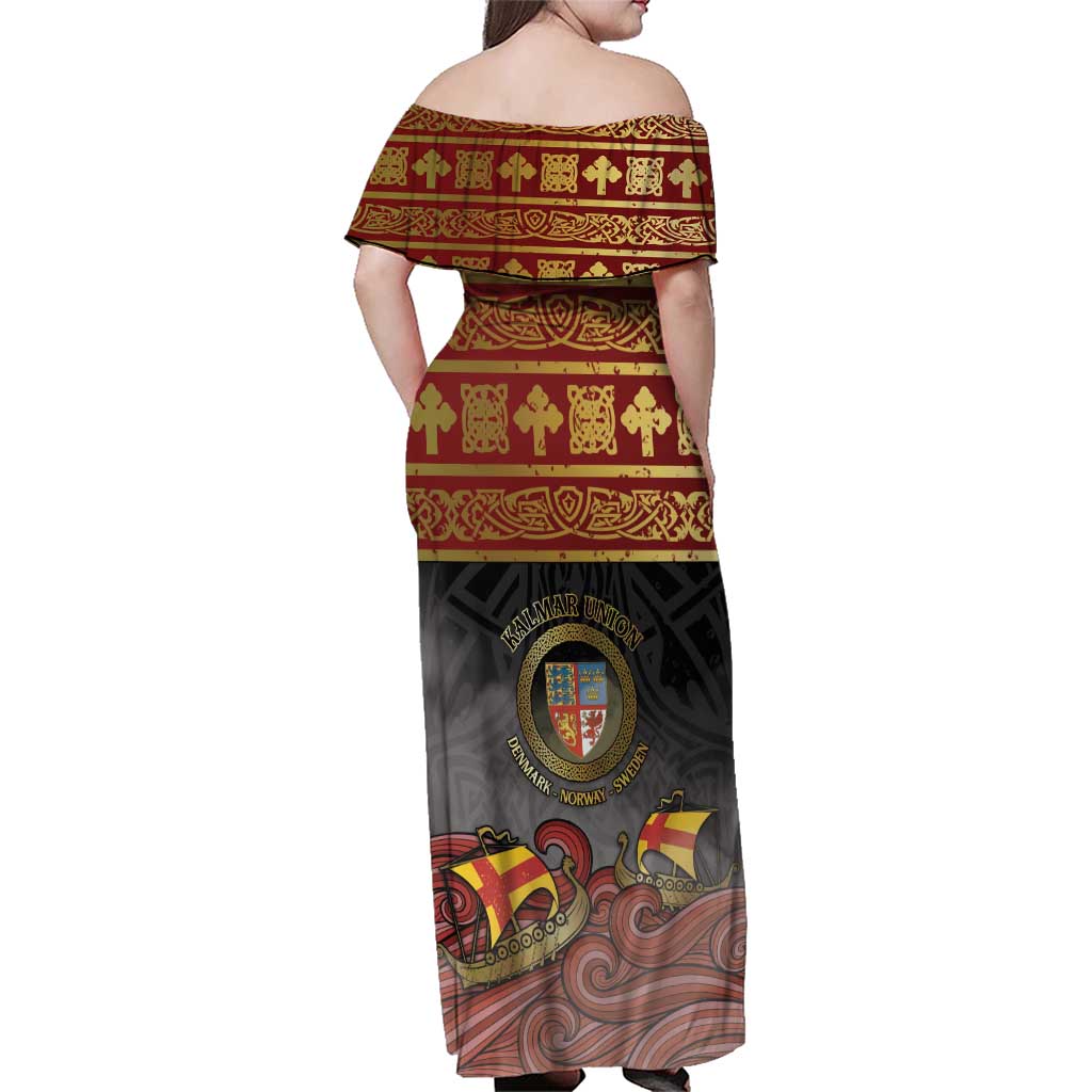 Danish Empire Family Matching Off Shoulder Maxi Dress and Hawaiian Shirt Kalmar Union With Viking Patterns - Wonder Print Shop