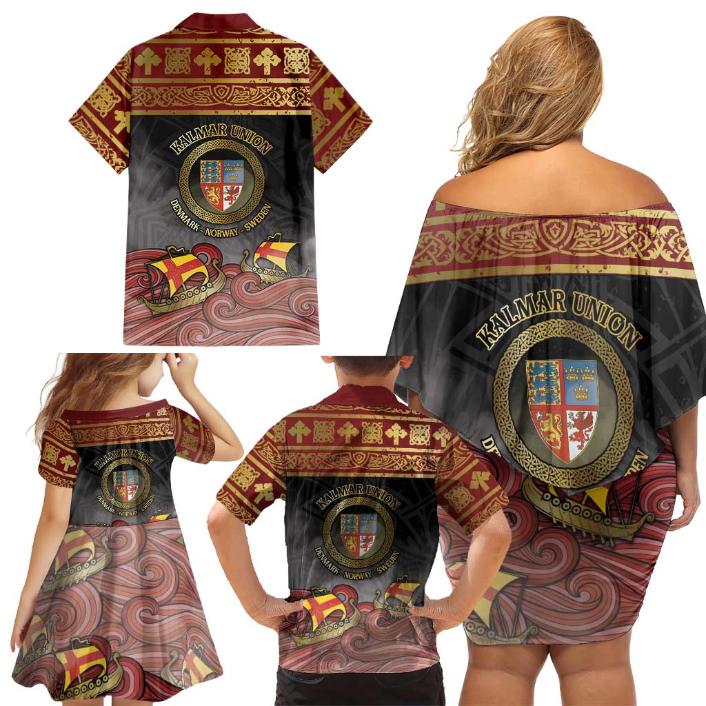 Danish Empire Family Matching Off Shoulder Short Dress and Hawaiian Shirt Kalmar Union With Viking Patterns - Wonder Print Shop