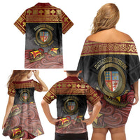 Danish Empire Family Matching Off Shoulder Short Dress and Hawaiian Shirt Kalmar Union With Viking Patterns - Wonder Print Shop