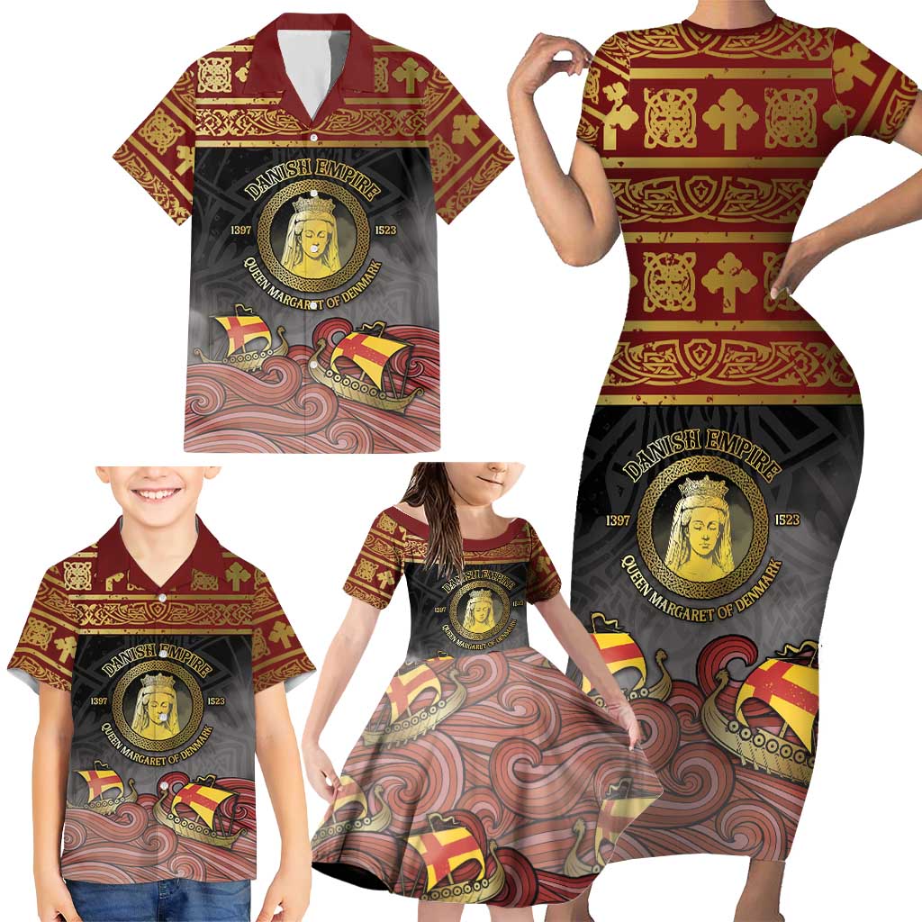 Danish Empire Family Matching Short Sleeve Bodycon Dress and Hawaiian Shirt Kalmar Union With Viking Patterns - Wonder Print Shop
