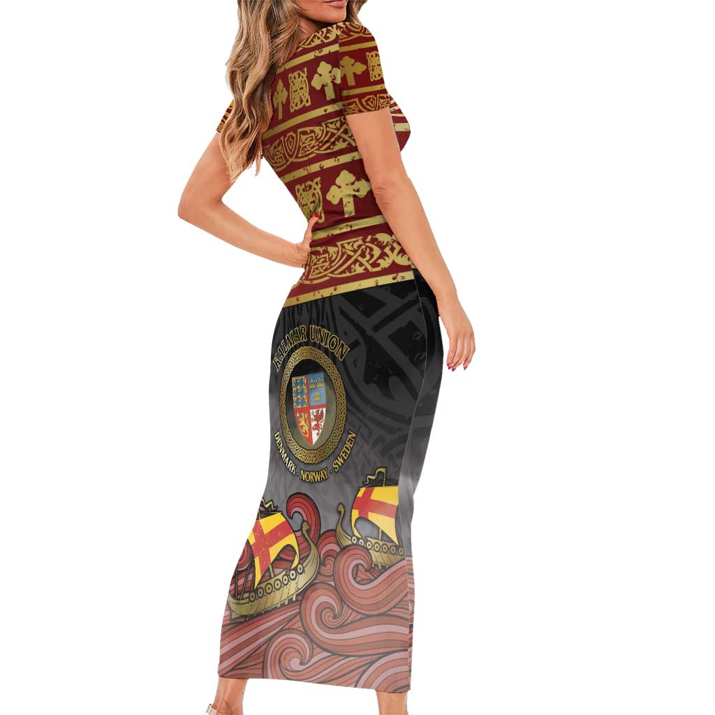 Danish Empire Family Matching Short Sleeve Bodycon Dress and Hawaiian Shirt Kalmar Union With Viking Patterns - Wonder Print Shop