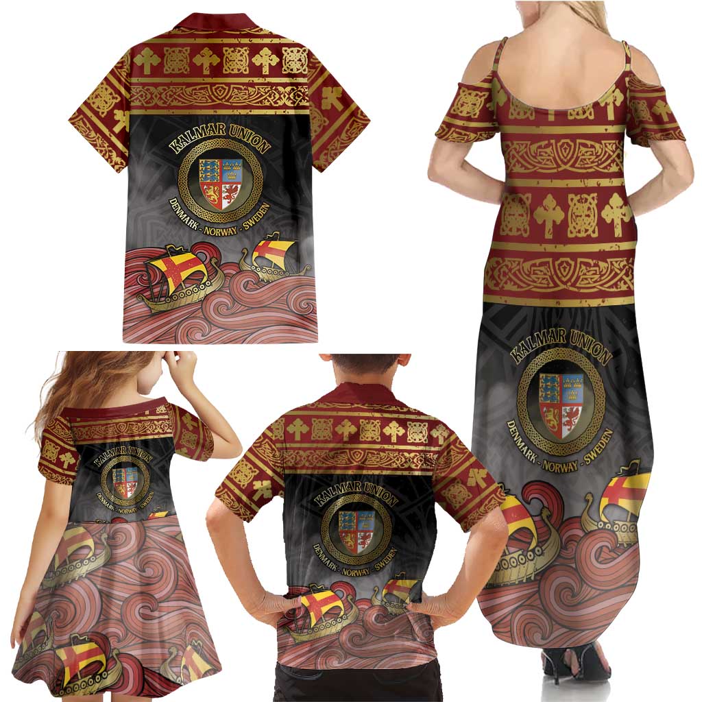 Danish Empire Family Matching Summer Maxi Dress and Hawaiian Shirt Kalmar Union With Viking Patterns - Wonder Print Shop