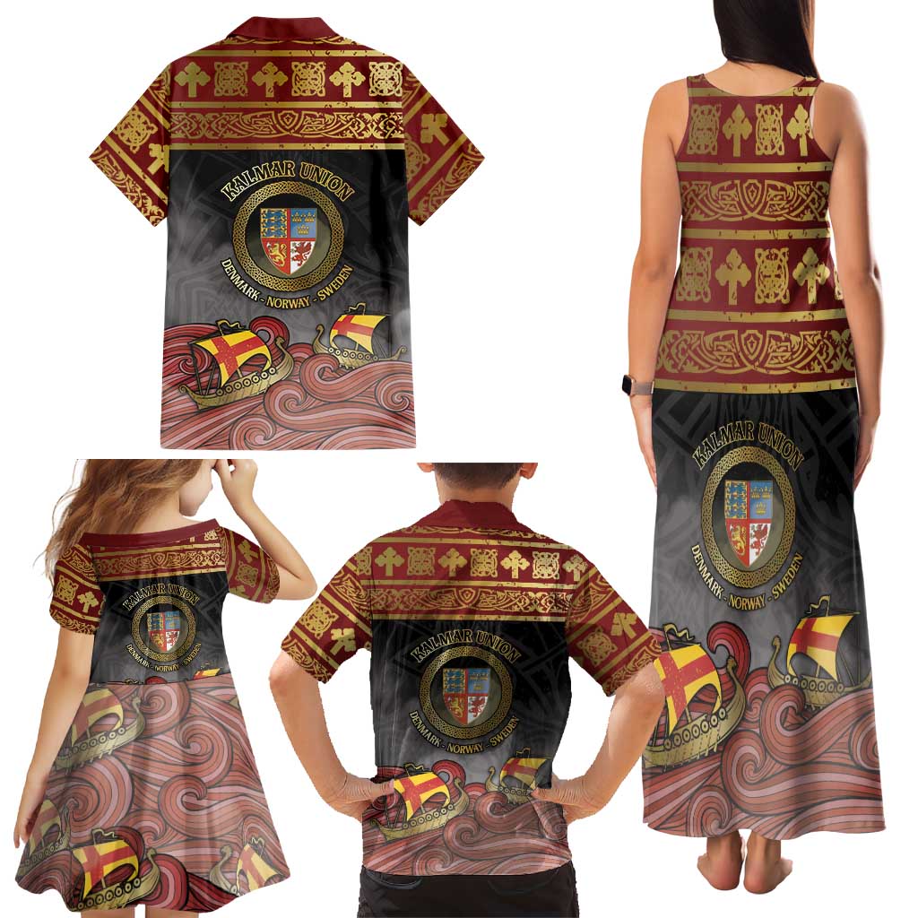 Danish Empire Family Matching Tank Maxi Dress and Hawaiian Shirt Kalmar Union With Viking Patterns - Wonder Print Shop