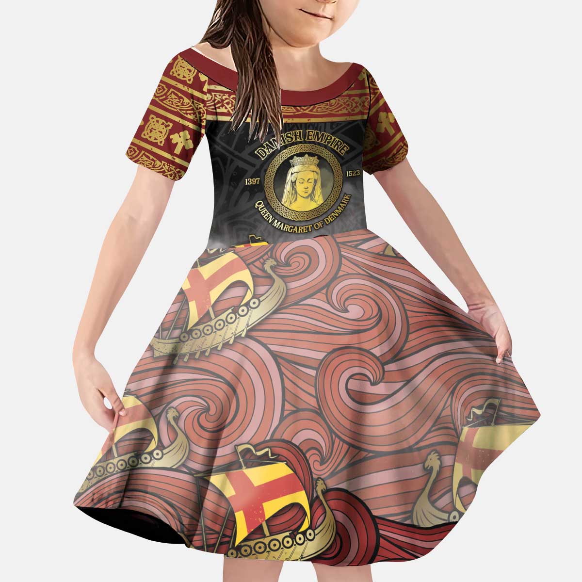 Danish Empire Kid Short Sleeve Dress Kalmar Union With Viking Patterns - Wonder Print Shop