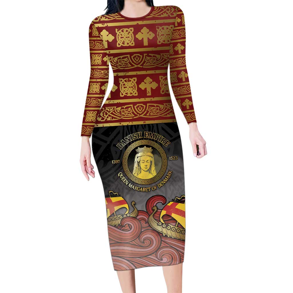 Danish Empire Long Sleeve Bodycon Dress Kalmar Union With Viking Patterns - Wonder Print Shop