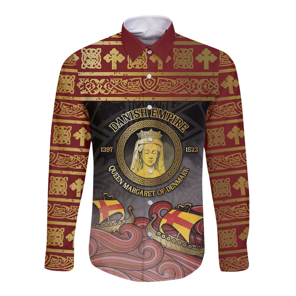 Danish Empire Long Sleeve Button Shirt Kalmar Union With Viking Patterns - Wonder Print Shop