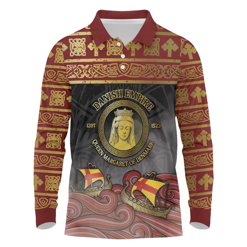 Danish Empire Long Sleeve Polo Shirt Kalmar Union With Viking Patterns - Wonder Print Shop
