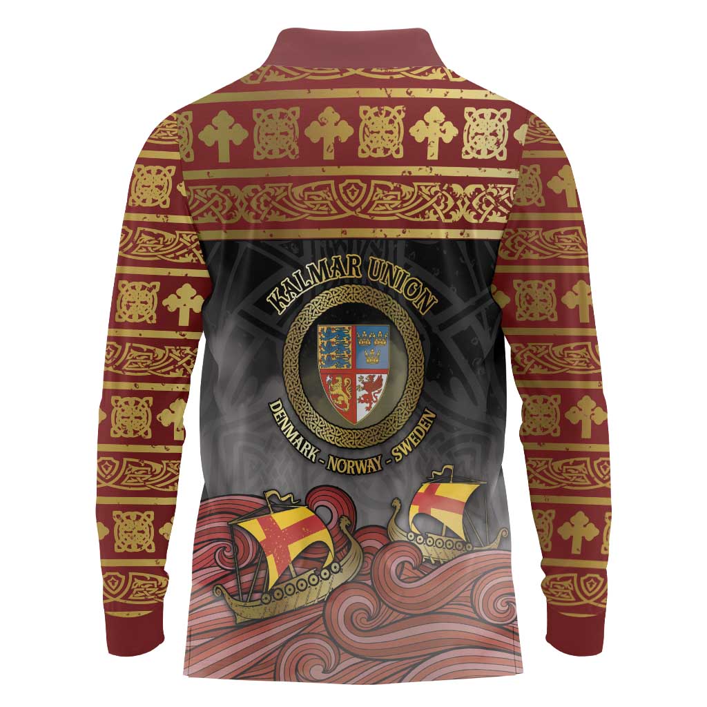 Danish Empire Long Sleeve Polo Shirt Kalmar Union With Viking Patterns - Wonder Print Shop