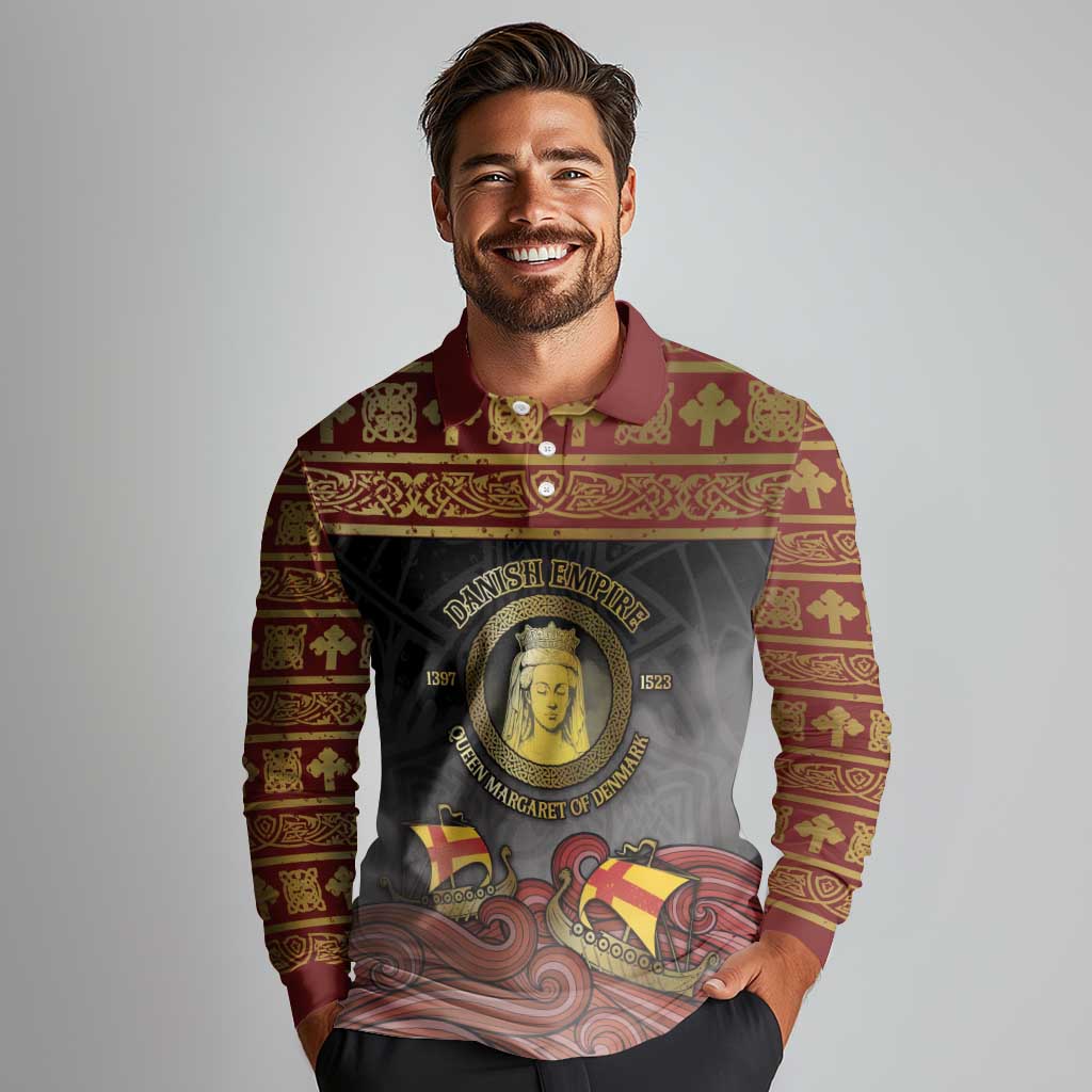 Danish Empire Long Sleeve Polo Shirt Kalmar Union With Viking Patterns - Wonder Print Shop