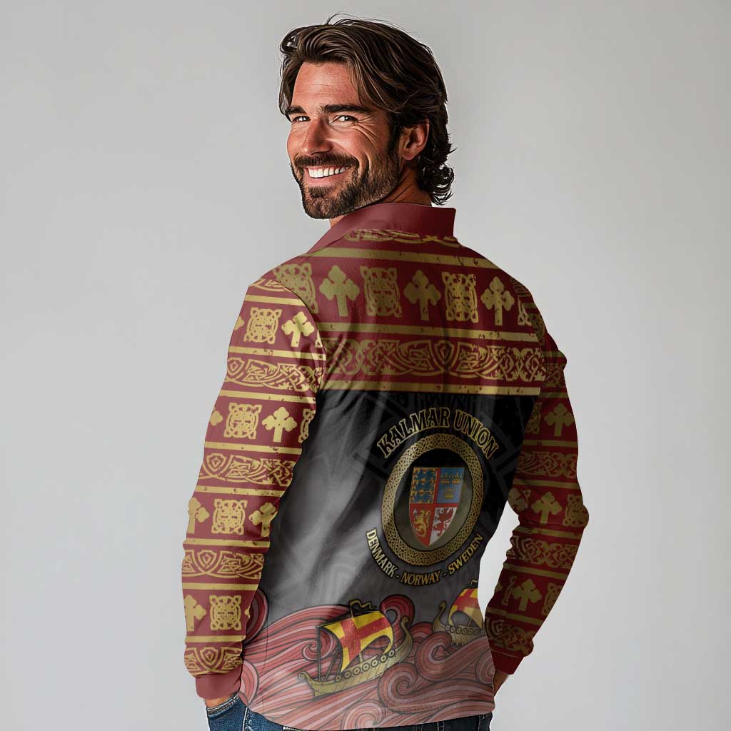 Danish Empire Long Sleeve Polo Shirt Kalmar Union With Viking Patterns - Wonder Print Shop