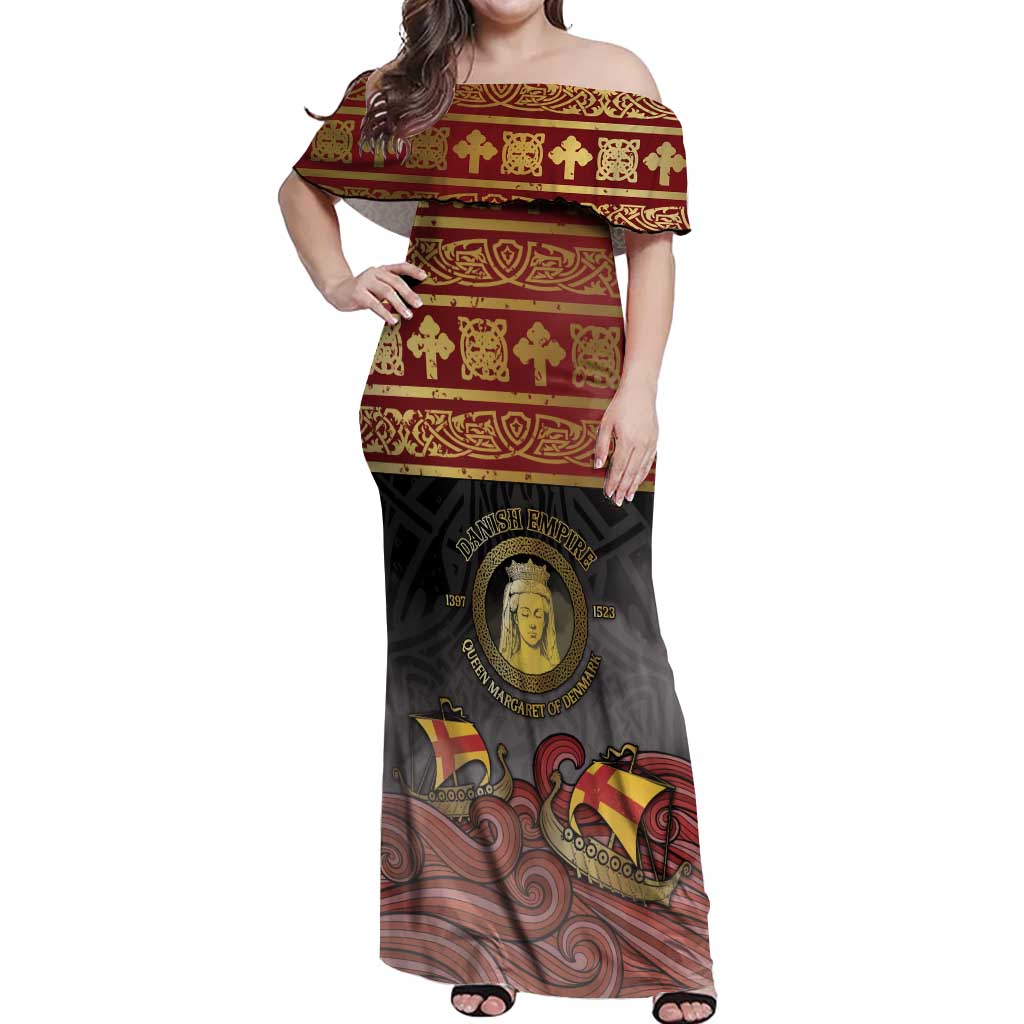 Danish Empire Off Shoulder Maxi Dress Kalmar Union With Viking Patterns - Wonder Print Shop