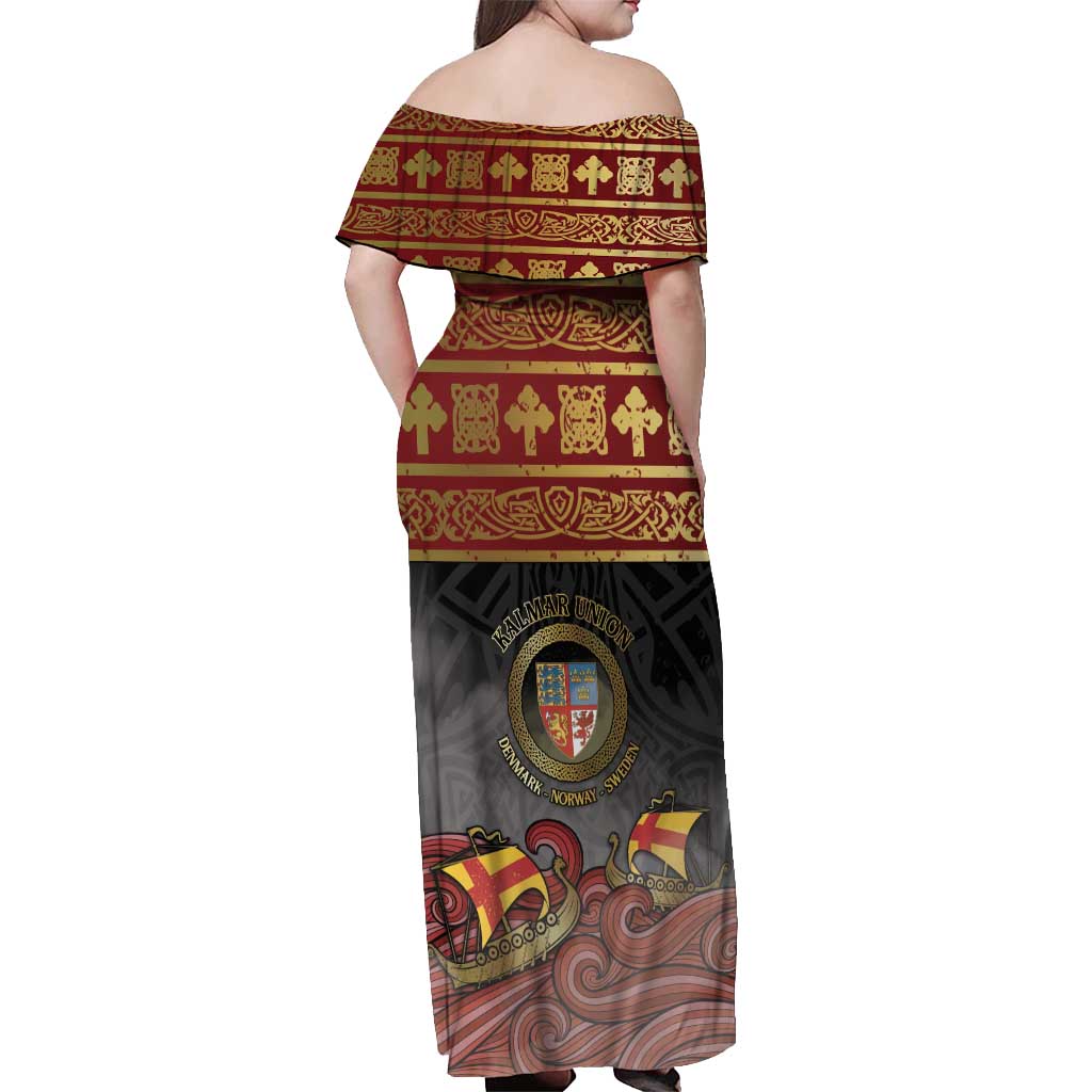 Danish Empire Off Shoulder Maxi Dress Kalmar Union With Viking Patterns - Wonder Print Shop