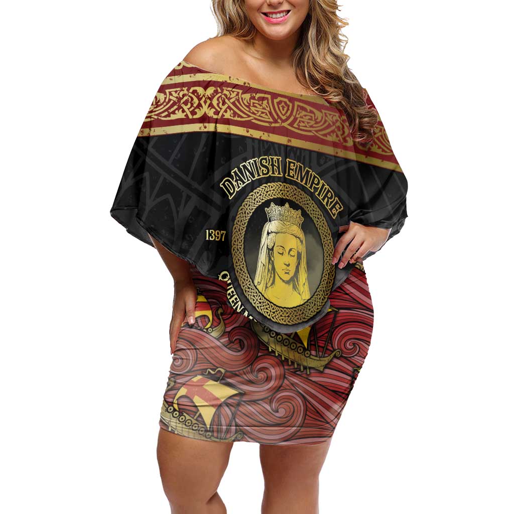 Danish Empire Off Shoulder Short Dress Kalmar Union With Viking Patterns - Wonder Print Shop