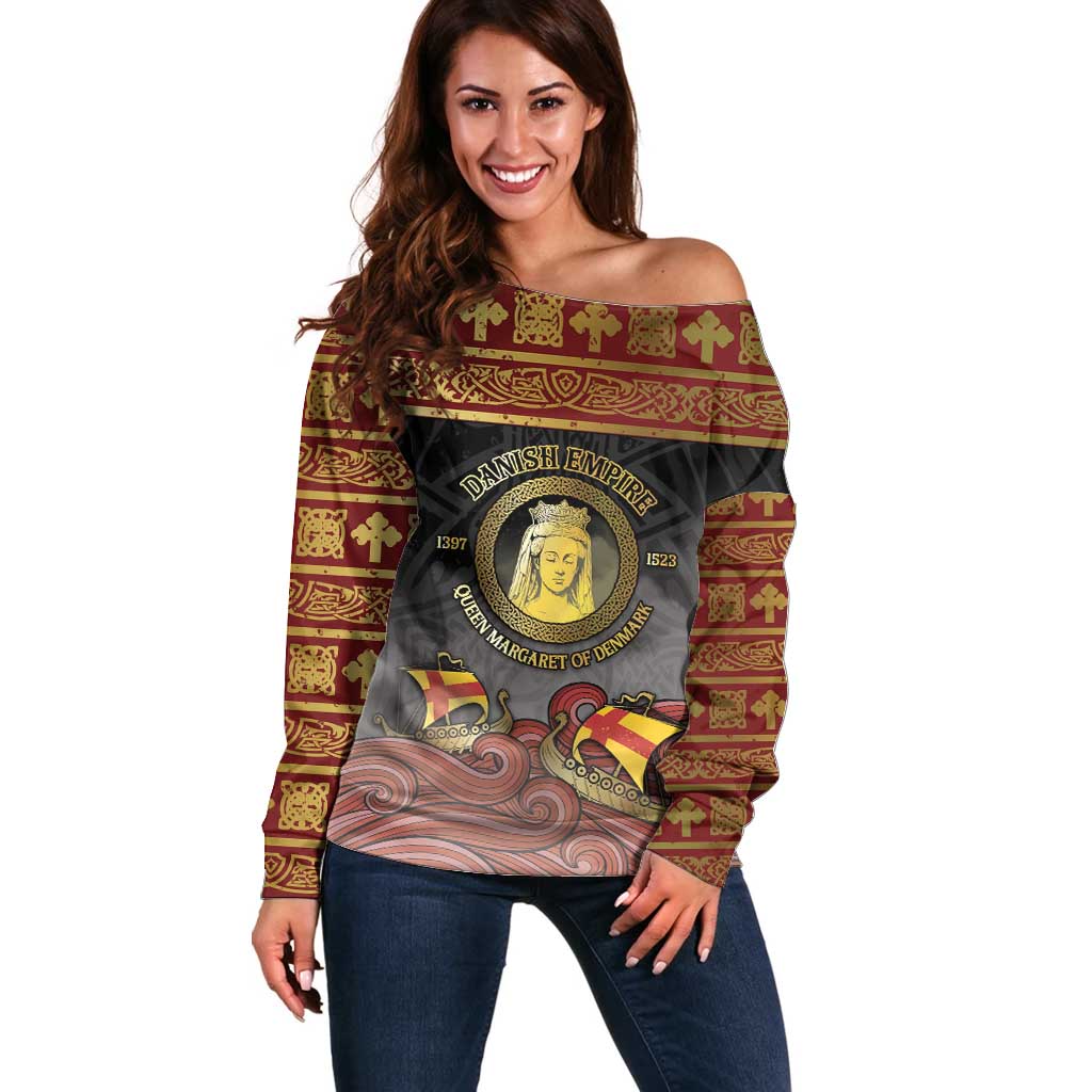 Danish Empire Off Shoulder Sweater Kalmar Union With Viking Patterns - Wonder Print Shop