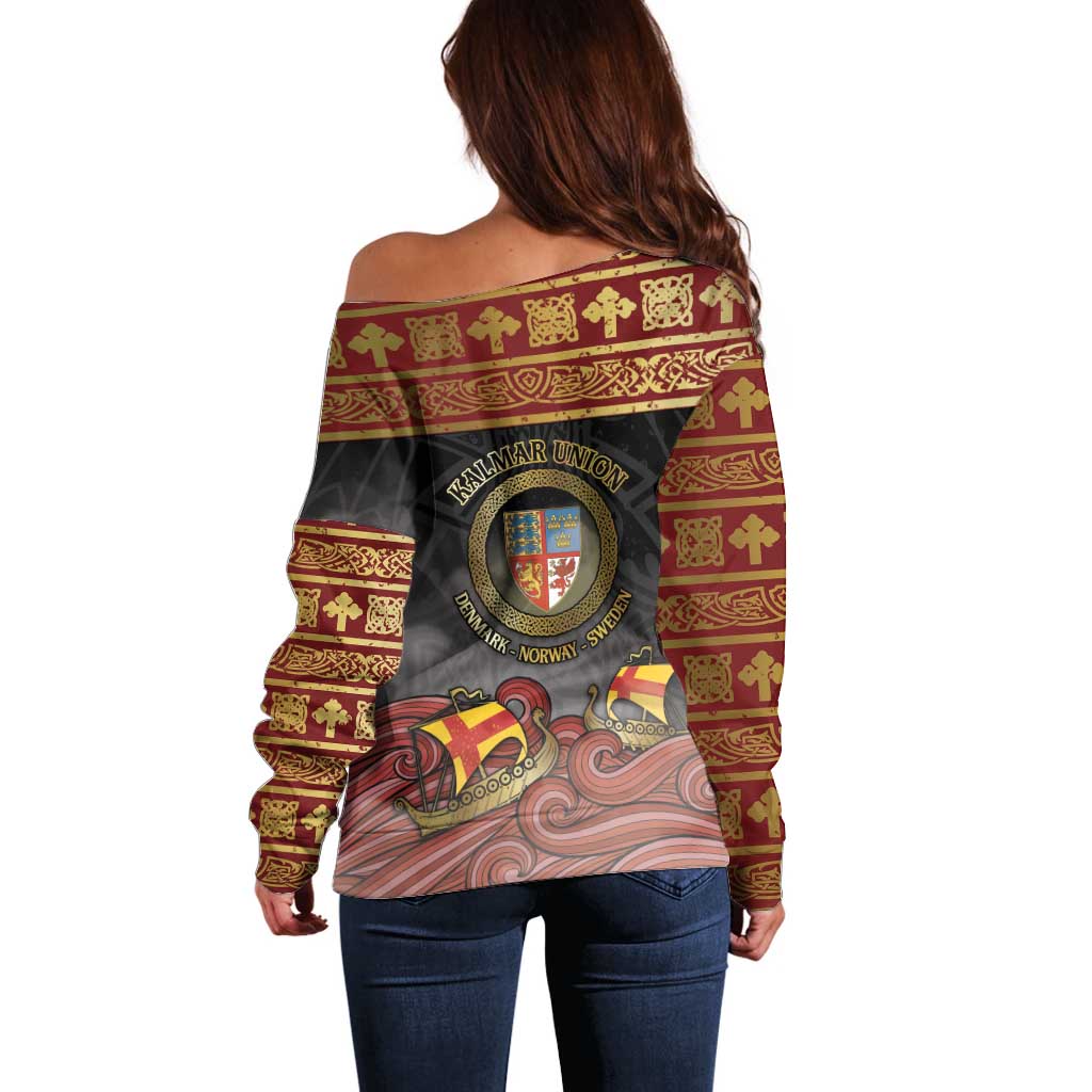 Danish Empire Off Shoulder Sweater Kalmar Union With Viking Patterns - Wonder Print Shop