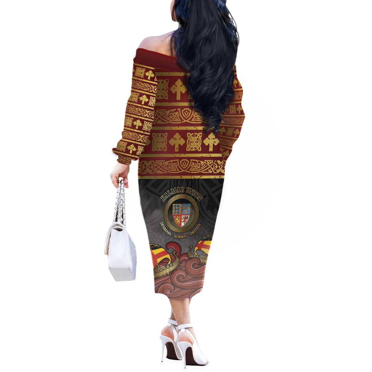 Danish Empire Off The Shoulder Long Sleeve Dress Kalmar Union With Viking Patterns - Wonder Print Shop