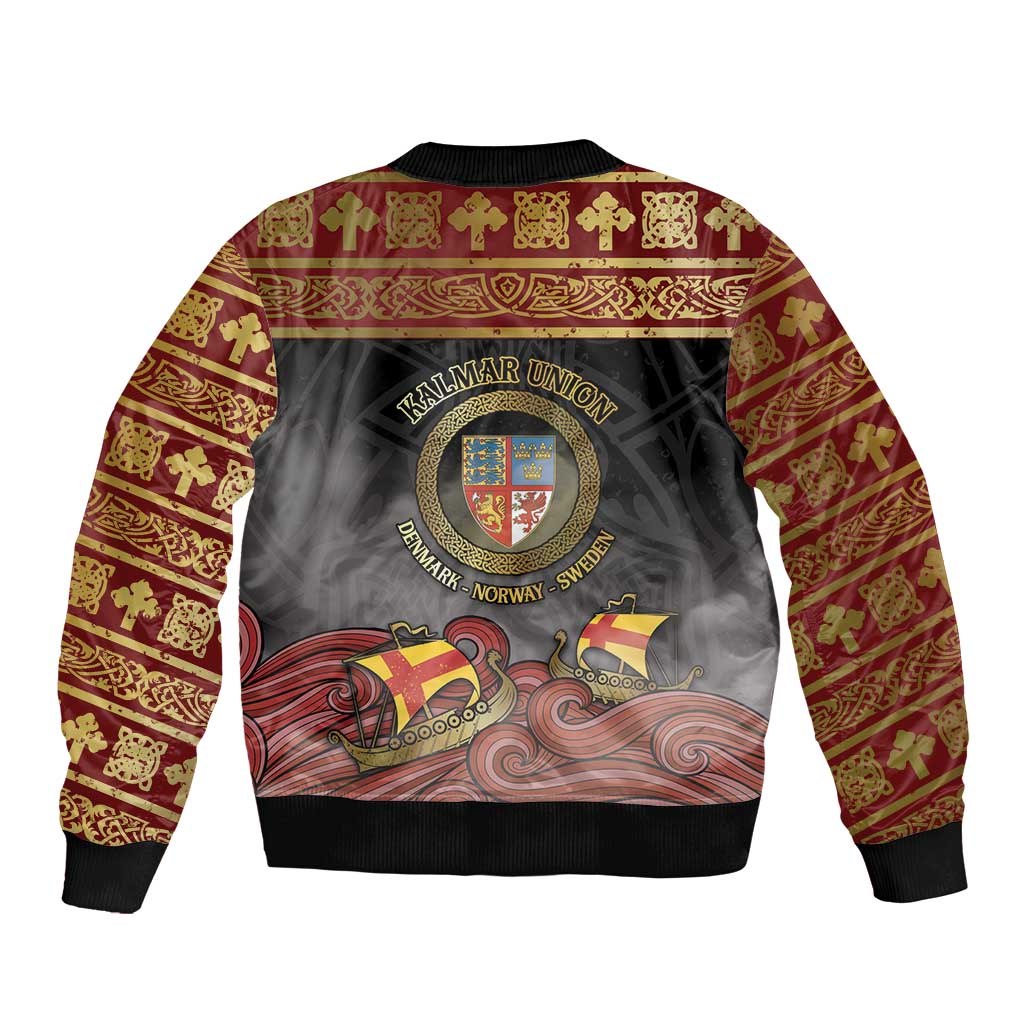 Danish Empire Sleeve Zip Bomber Jacket Kalmar Union With Viking Patterns - Wonder Print Shop