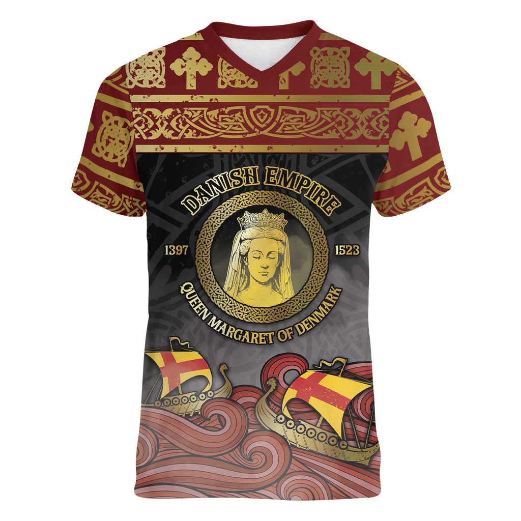 Danish Empire Women V-Neck T-Shirt Kalmar Union With Viking Patterns - Wonder Print Shop