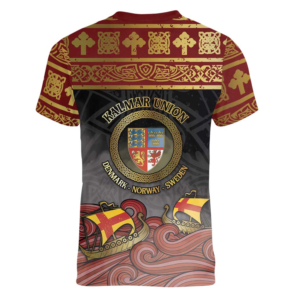 Danish Empire Women V-Neck T-Shirt Kalmar Union With Viking Patterns - Wonder Print Shop