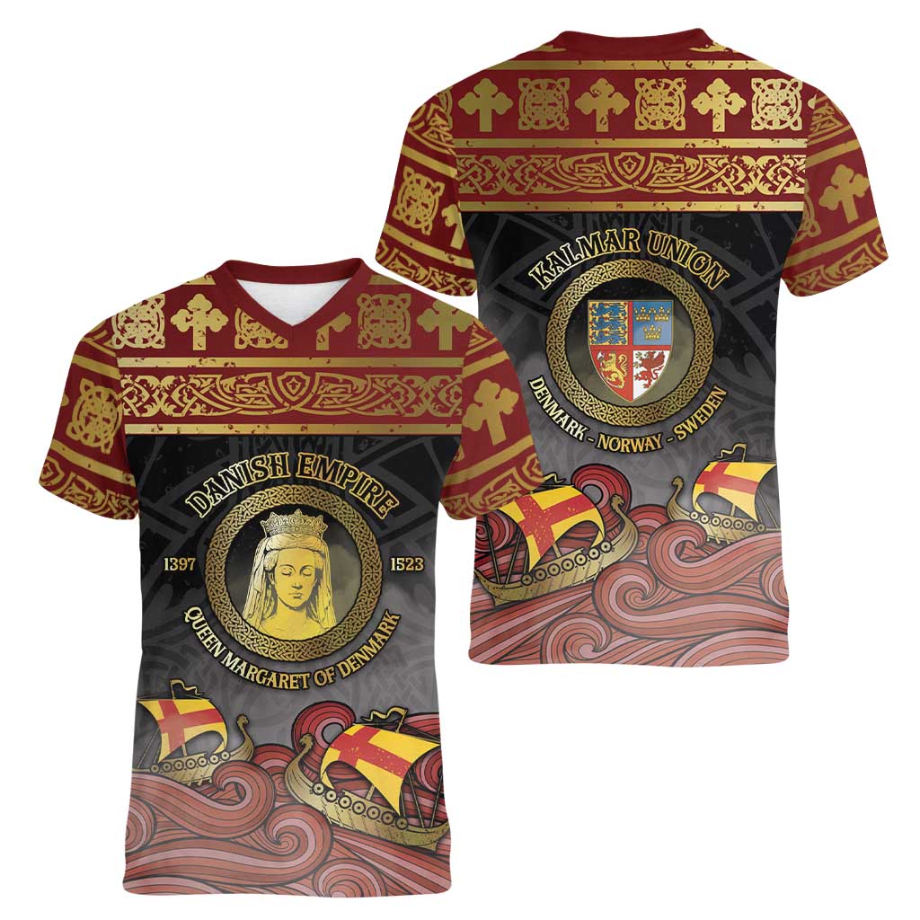 Danish Empire Women V-Neck T-Shirt Kalmar Union With Viking Patterns - Wonder Print Shop