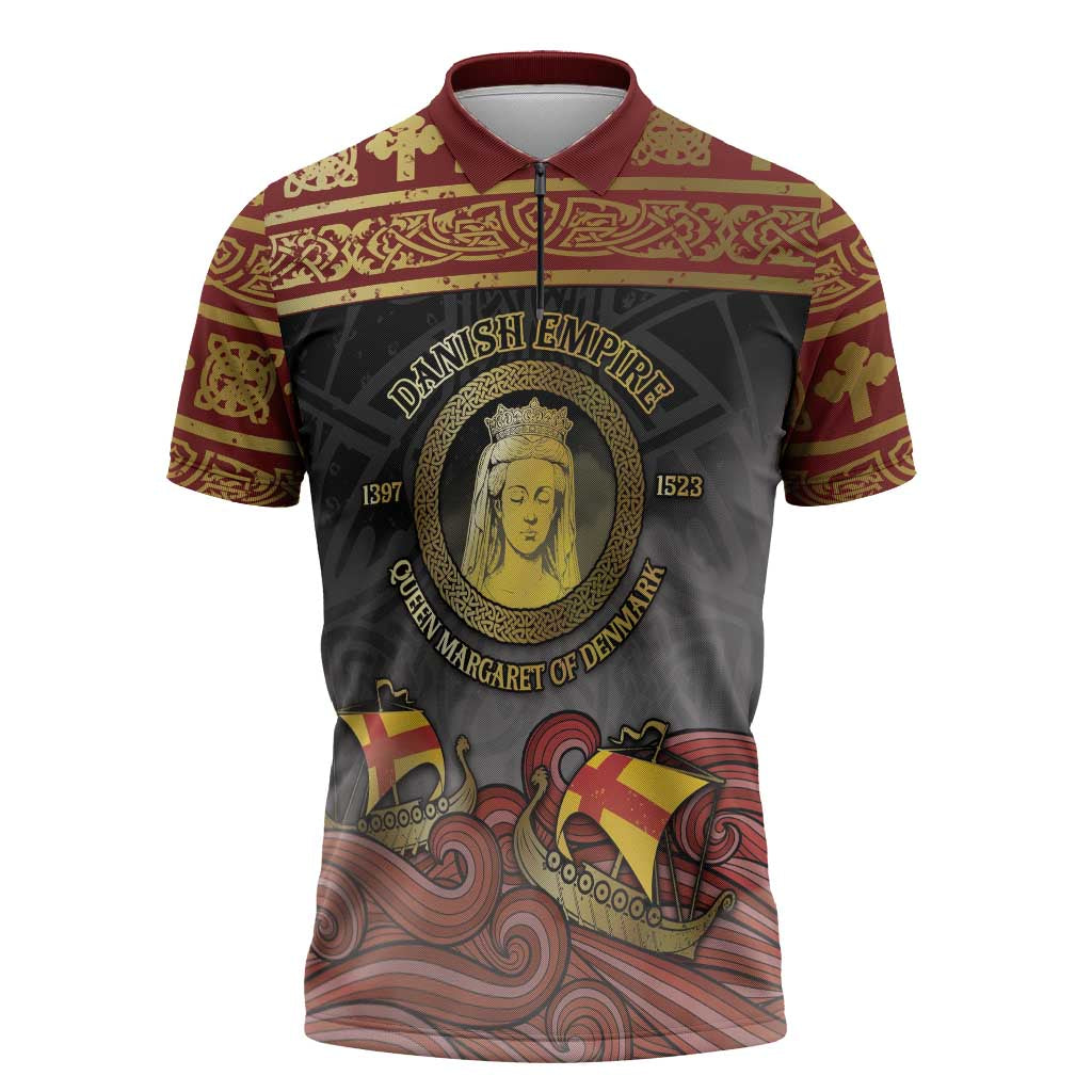Danish Empire Zipper Polo Shirt Kalmar Union With Viking Patterns - Wonder Print Shop