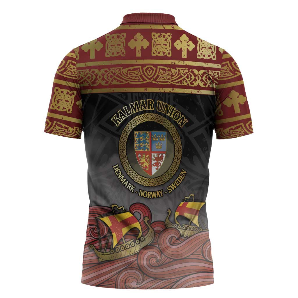 Danish Empire Zipper Polo Shirt Kalmar Union With Viking Patterns - Wonder Print Shop