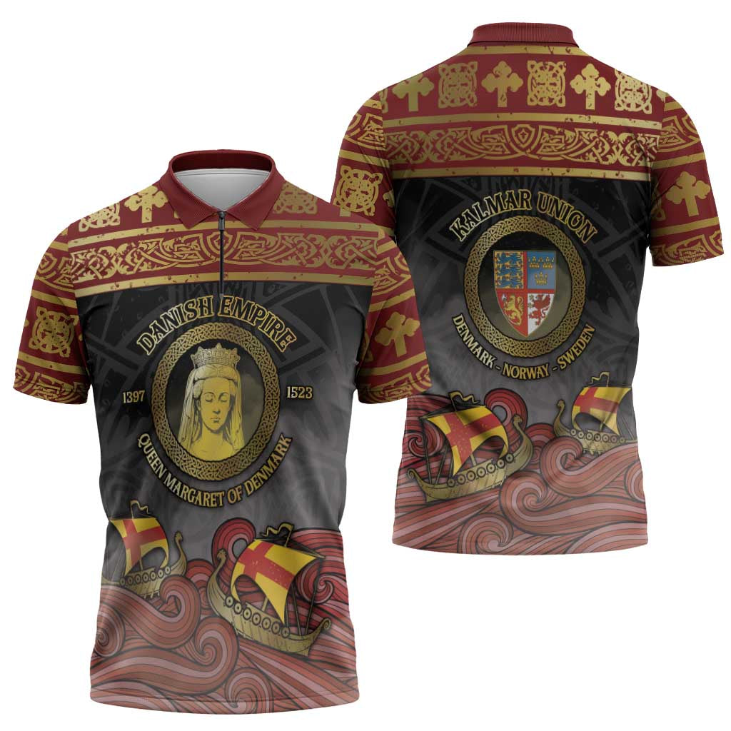 Danish Empire Zipper Polo Shirt Kalmar Union With Viking Patterns - Wonder Print Shop