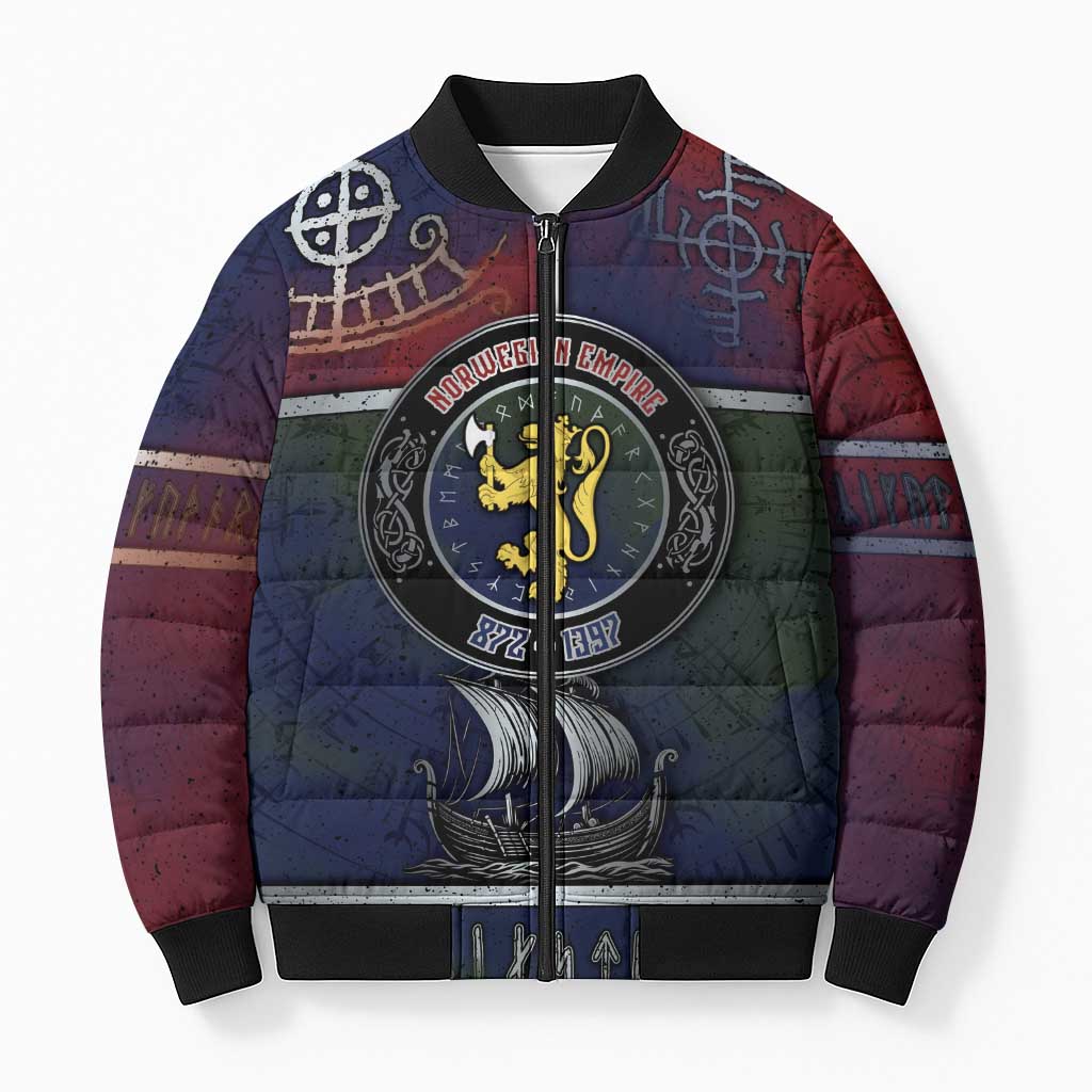 Personalized Norwegian Empire Bomber Puffer Jacket Ancient Viking Patterns - Wonder Print Shop