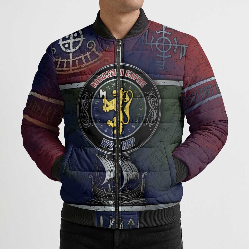 Personalized Norwegian Empire Bomber Puffer Jacket Ancient Viking Patterns - Wonder Print Shop