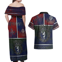 Personalized Norwegian Empire Couples Matching Off Shoulder Maxi Dress and Hawaiian Shirt Ancient Viking Patterns - Wonder Print Shop