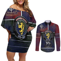 Personalized Norwegian Empire Couples Matching Off Shoulder Short Dress and Long Sleeve Button Shirt Ancient Viking Patterns - Wonder Print Shop