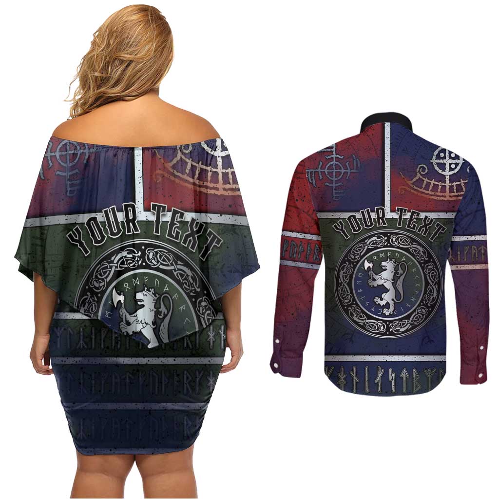 Personalized Norwegian Empire Couples Matching Off Shoulder Short Dress and Long Sleeve Button Shirt Ancient Viking Patterns - Wonder Print Shop