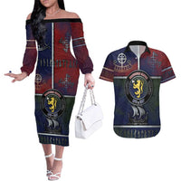 Personalized Norwegian Empire Couples Matching Off The Shoulder Long Sleeve Dress and Hawaiian Shirt Ancient Viking Patterns - Wonder Print Shop