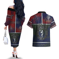Personalized Norwegian Empire Couples Matching Off The Shoulder Long Sleeve Dress and Hawaiian Shirt Ancient Viking Patterns - Wonder Print Shop