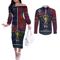 Personalized Norwegian Empire Couples Matching Off The Shoulder Long Sleeve Dress and Long Sleeve Button Shirt Ancient Viking Patterns - Wonder Print Shop
