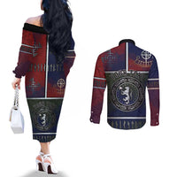 Personalized Norwegian Empire Couples Matching Off The Shoulder Long Sleeve Dress and Long Sleeve Button Shirt Ancient Viking Patterns - Wonder Print Shop