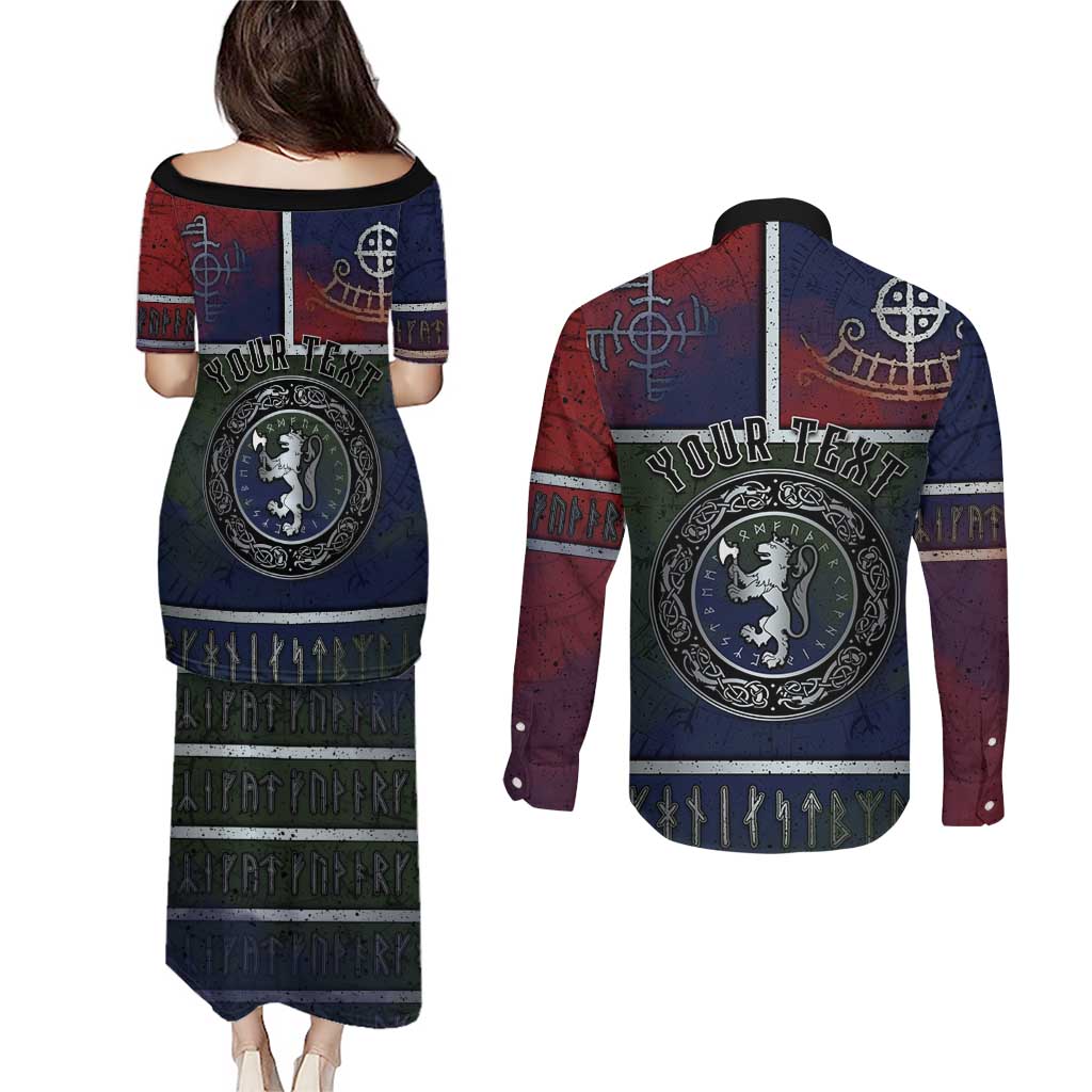Personalized Norwegian Empire Couples Matching Puletasi and Long Sleeve Button Shirt Ancient Viking Patterns - Wonder Print Shop