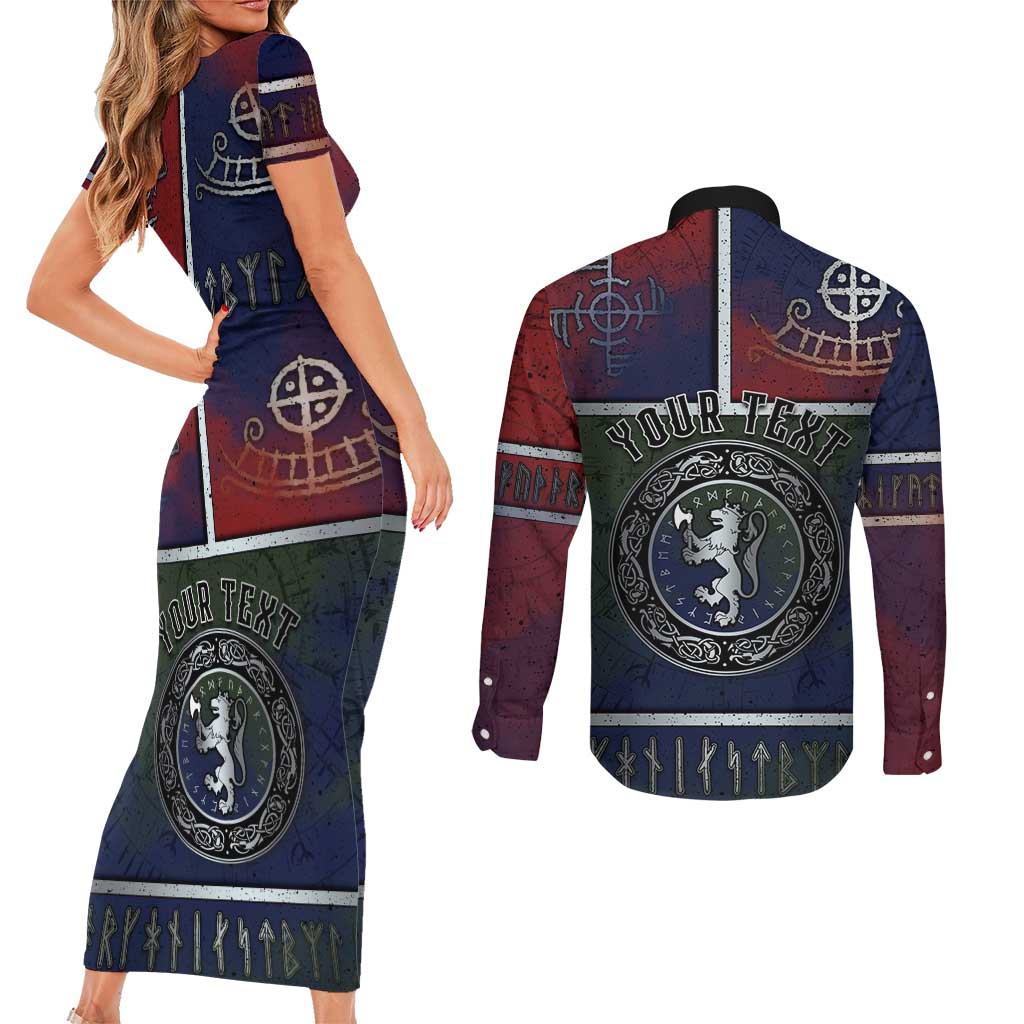 Personalized Norwegian Empire Couples Matching Short Sleeve Bodycon Dress and Long Sleeve Button Shirt Ancient Viking Patterns - Wonder Print Shop