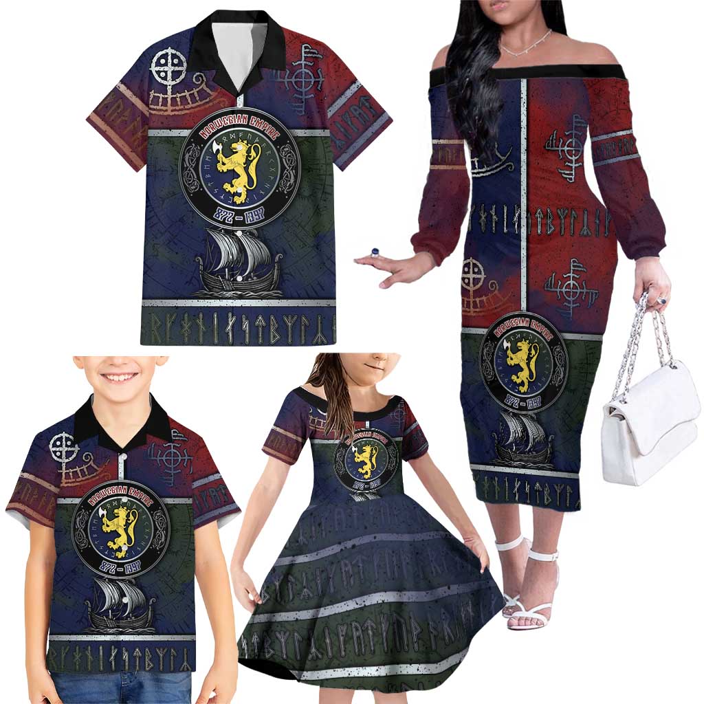 Personalized Norwegian Empire Family Matching Off The Shoulder Long Sleeve Dress and Hawaiian Shirt Ancient Viking Patterns - Wonder Print Shop